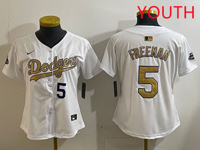 Youth Los Angeles Dodgers #5 Freeman White Champion gold character 2025 Nike MLB Jersey style 4121